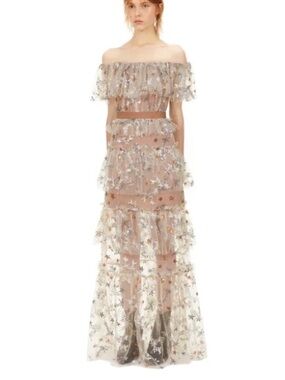 Self Potrait Star Embellished Floral Sequin Nude Maxi Dress Size 10 NWT Fall